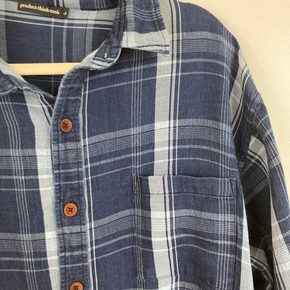 Product Think Tank Mens L Indigo Blue Plaid Flannel Sustainable Work Shirt Chore - Picture 6 of 10